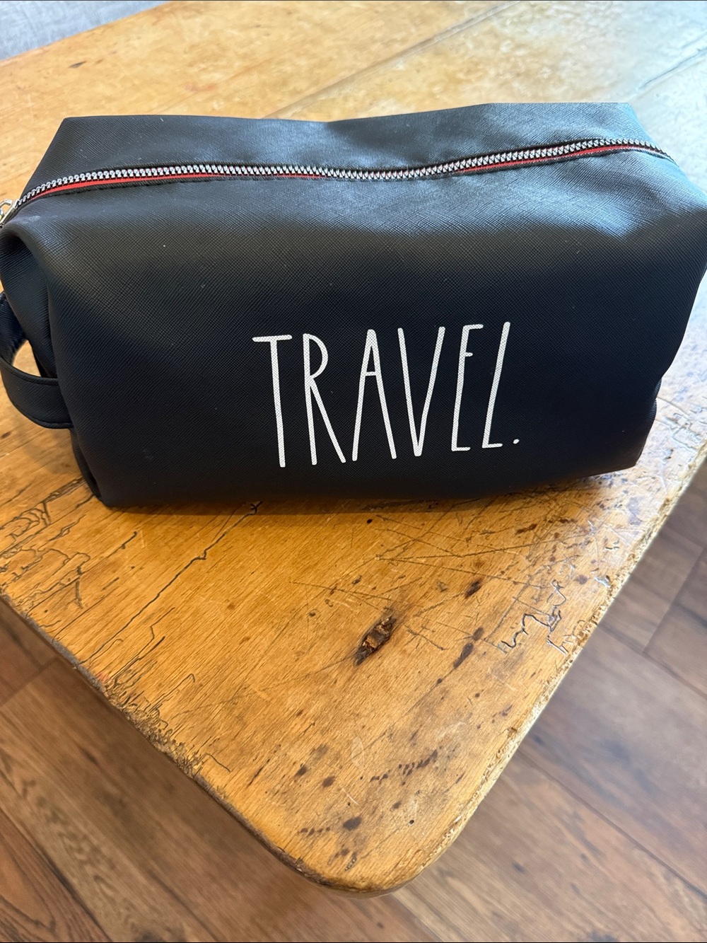 Rae Dunn Black Travel Toiletry Bag with White Lettering